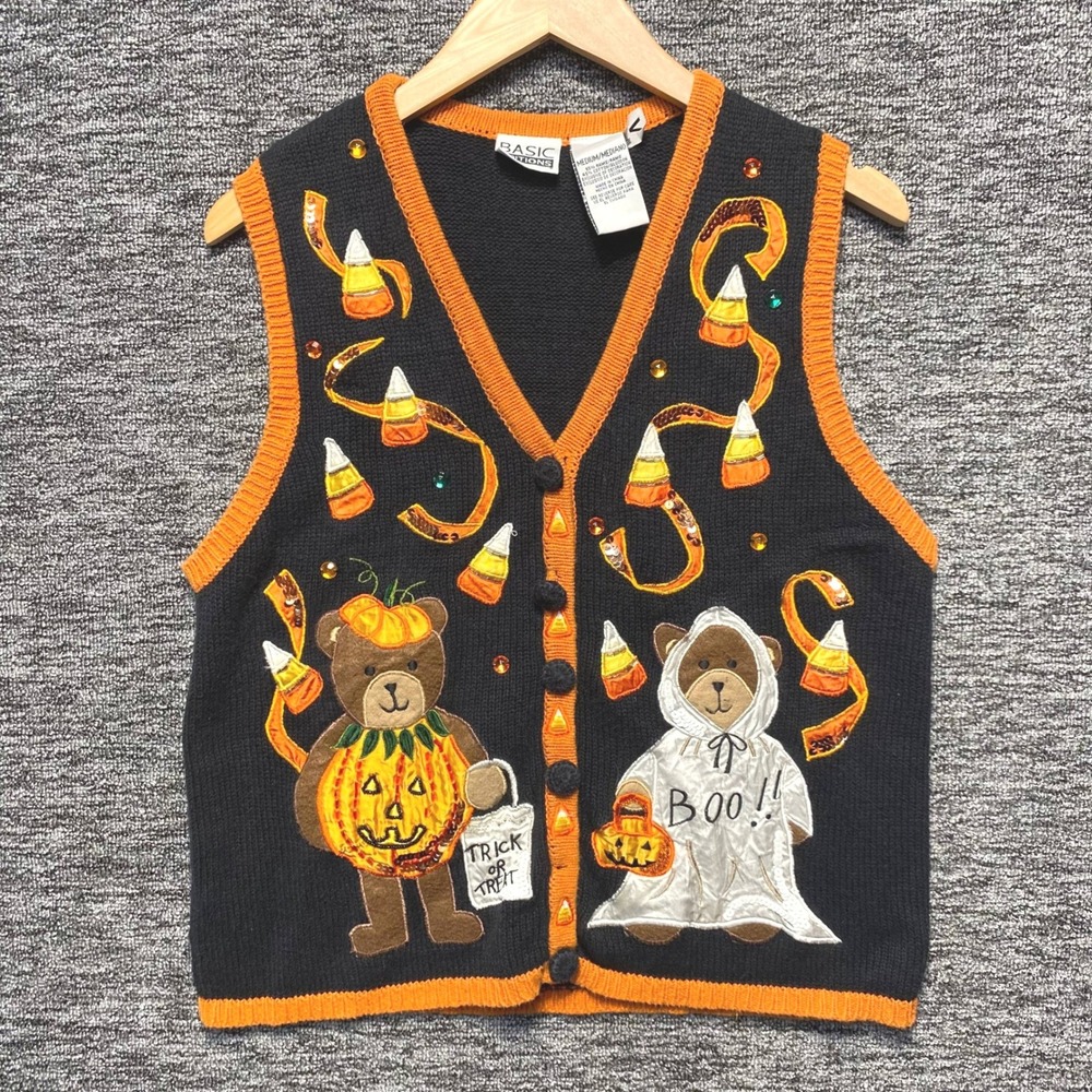 VTG Basic Editions Halloween Sweater Vest Women M Bear Ghost Candy Corn Sequin